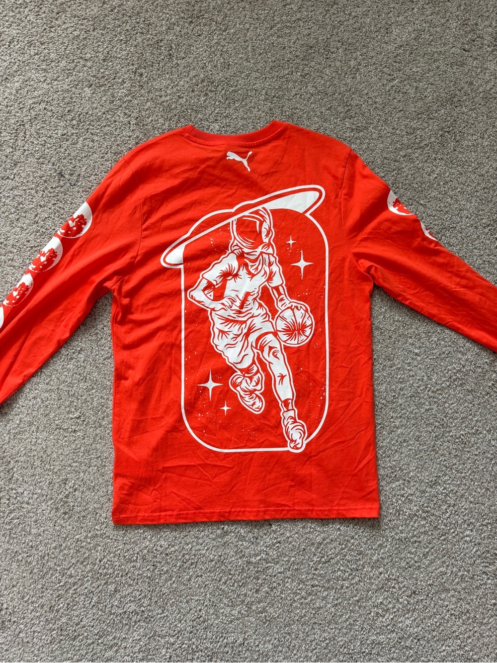 Puma "Not From Here" Space Basketball Long Sleeve T-Shirt Red Orange Size S NWT⁠